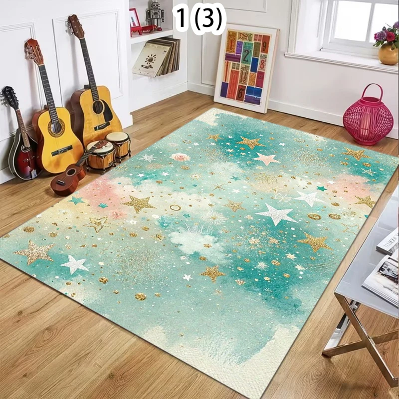 Turquoise Blue Starry Area Rug Soft Plush Carpet with Pink Star Pattern for Bedroom Living Room Decor Floor Mat Home Decoration