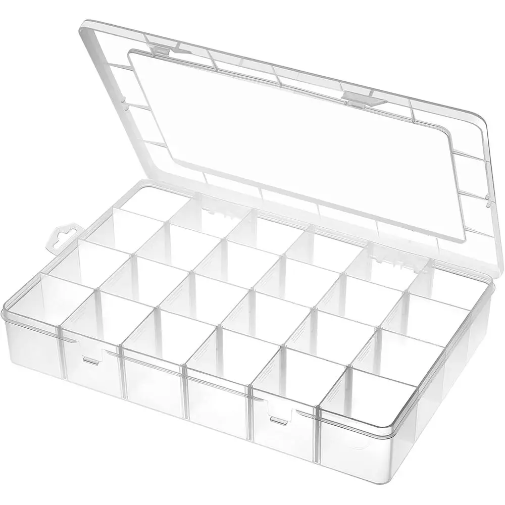 Large 24 Grids Plastic Organizer Box Adjustable Dividers, Clear Storage Box for DIY Crafts, Washi Tapes, Beads and Small Parts