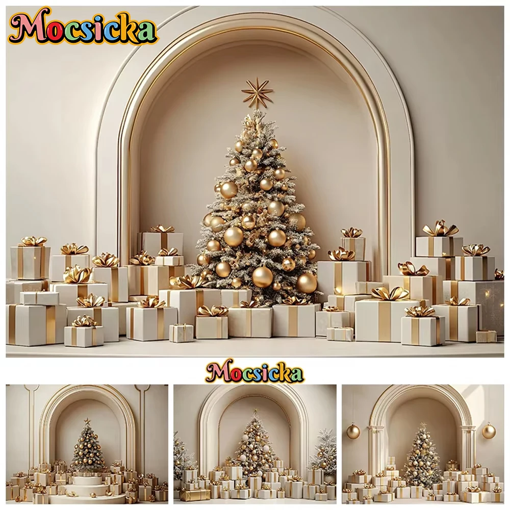 

Mocsicka Christmas Tree Backdrop For Photography Beige Wall Door Gift Baby Shooting Props Decoration Background Studio Photocall