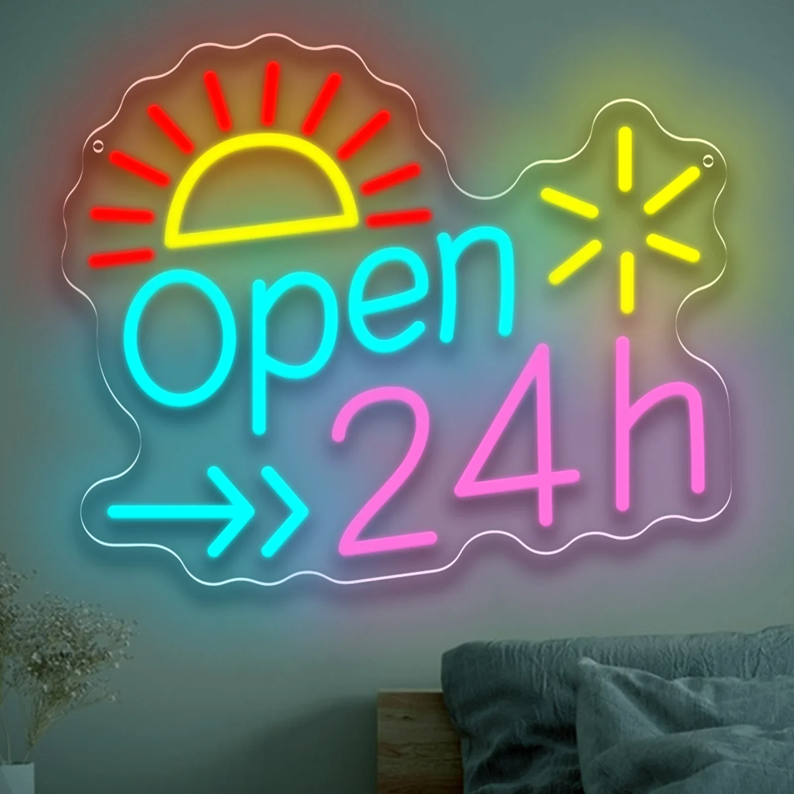 Letrero de neón LED abierto de 24h, letrero de luz de neón de negocios, regulable por USB para ventana, comida rápida, restaurante, hamburguesa, tienda, decoración de tienda de conveniencia