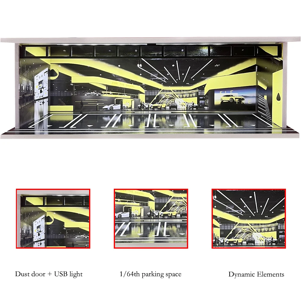 Auto-Garage-Diorama im Maßstab 1:64, mit USB-LED-Licht, realistische Parkplatz-Vitrine für Modellautos und Miniaturfahrzeuge – Detail 14
