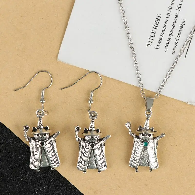 Cute Cat Wizard Costume Magic Hat Design Pendant Necklace Earrings Niche Unique High-end Personalized Exquisite Jewelry Gift