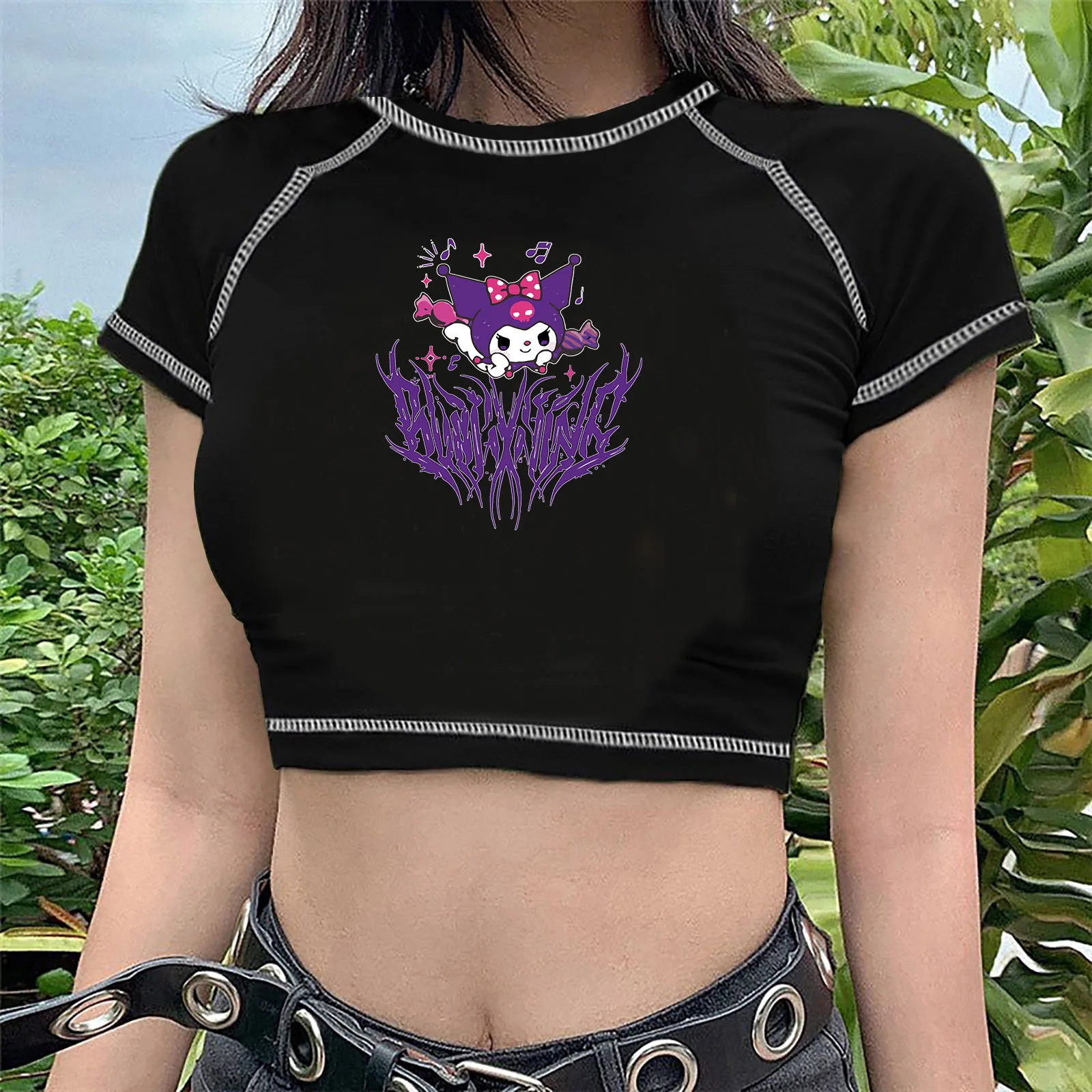 Sanrio Kuromi Cartoon Punk super Short T-shirt O Neck Pullover Women Crop Tops Sleeveless Shirt Clothing Women SML