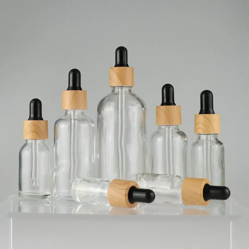 5ml-100ml Dropper Bottle Bamboo Wood Lid Brown Glass Separate Clear Mask Skin Care Essence Oil Essential Cosmetics Sub Bottles