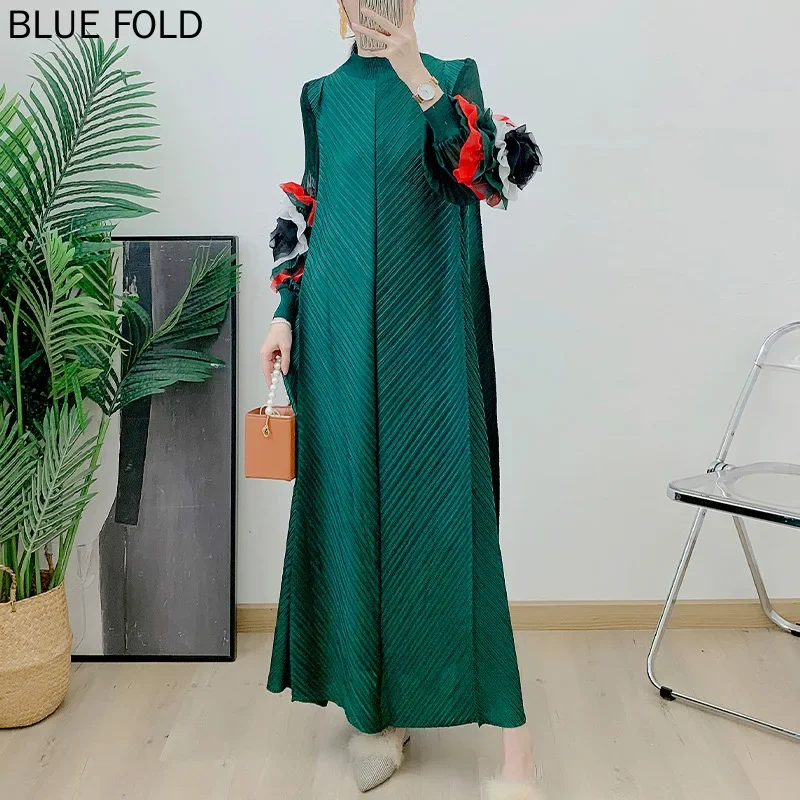 

MIYAKE PLEATS-среднее восточное плиссированное длинное платье, полувысокий воротник, свободное, скрученное вручную цветком, весна, новый темперамент