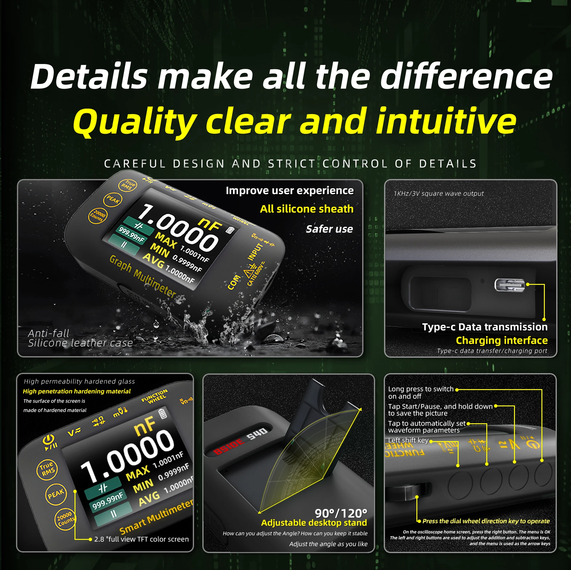 BSIDE S450 Graph Multimeter 2 in 1 Digital Oscilloscope Auto Range True RMS Portable Handheld Electrical Tester