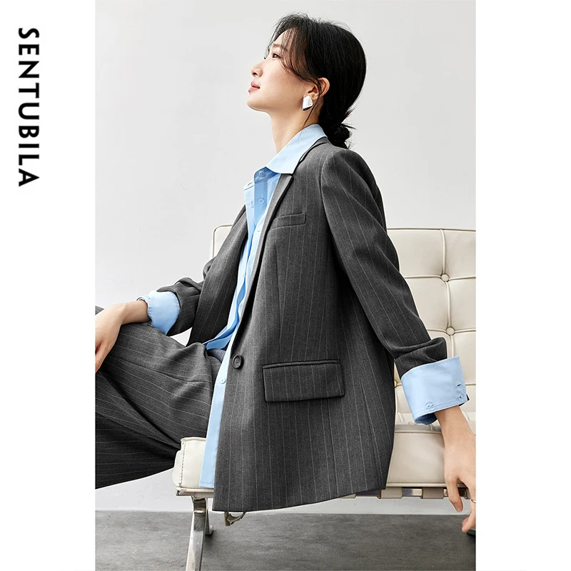 SENTUBILA Women's Texture Striped Pant Suits 2024 Winter Notched Neck Single Button Straight Leg Pants 2 Piece Set 143Z56524