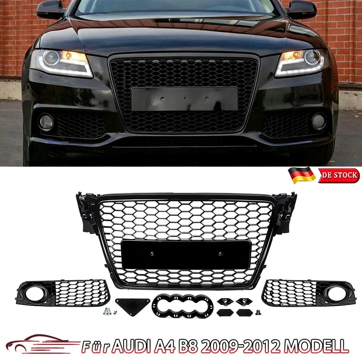 Wabengitter-Stil Frontgrill & Nebelscheinwerferabdeckung für Audi A4 B8 Standard 2009-2012 Glanzschwarz ABS