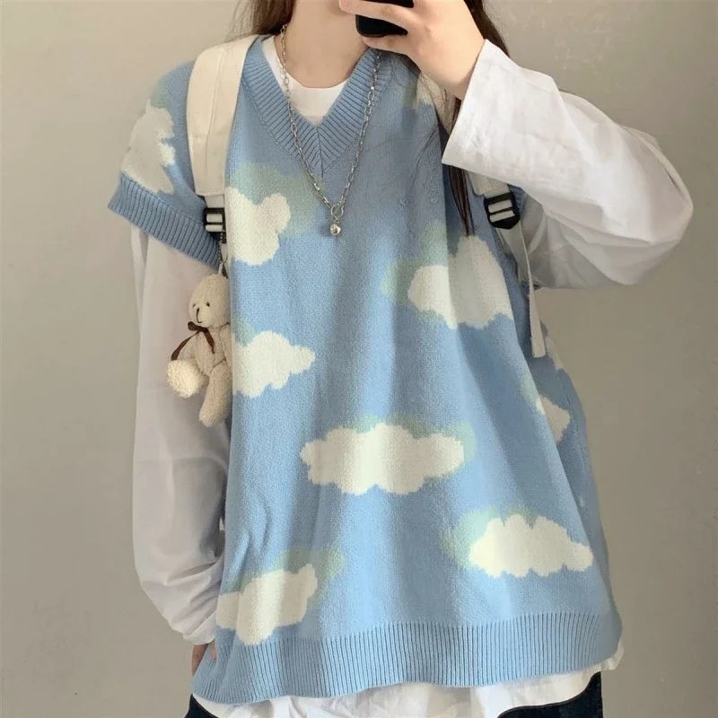 Japan Style White Clouds Knitted Sweater and Vest Preppy Style Sweet Girls O-Neck Blue Sky Long Sleeve Jumpers Chic Pullovers