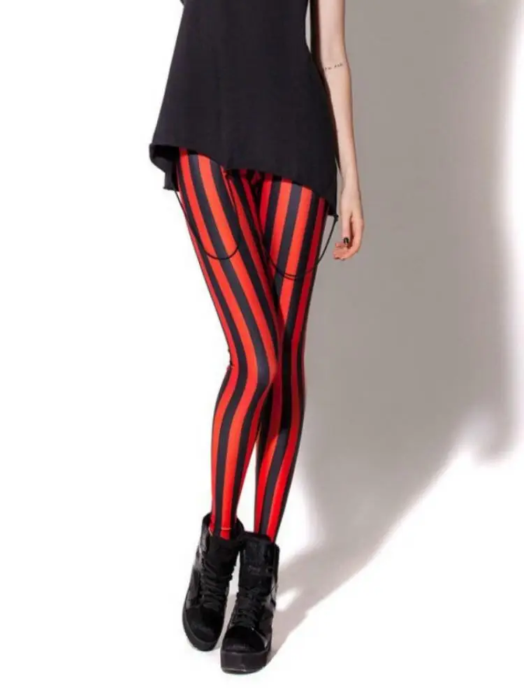 High Waist Elastic Sexy Leggings Fashion Red Black Stripe Print Trousers Casual Sports Fitness Leggings Slim Hip-Lift Pants