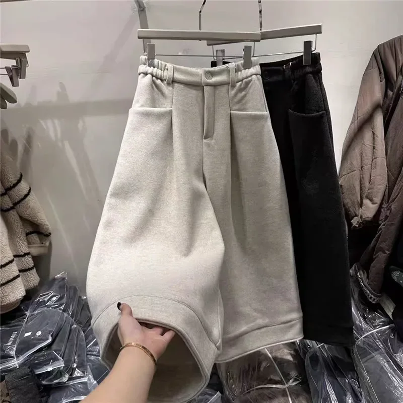 

Korean Fashion Loose Design Womens Pants Spliced High Waist Ankle-Length Pant Autumn Winter Pocket Wide Legs Trousers