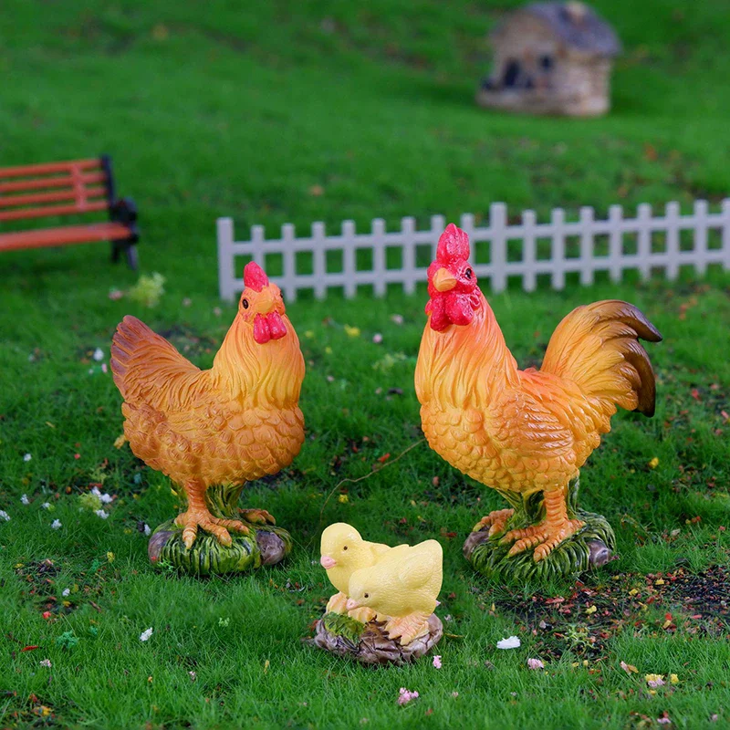 Home Decor Rooster Chicken Figurines Farm Animal Model Miniature Fairy Garden Diy Landscaping Cartoon Hen Chick
