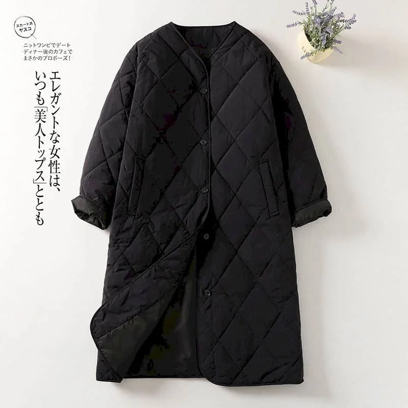 Quilted Coats Oversized Rhombic V-neck Jackets for Women Long Sleeved Lightweight Mid-length Casual Vintage Winter Snow Clothes