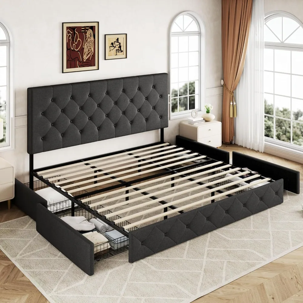 

Upholstered King Size Platform Bed Frame with 4 Storage Drawers and Headboard, Diamond Stitched Button Tufted