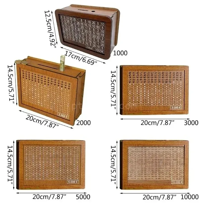 再利用可能な貯金箱付きの木製の貯金箱、お金の目標と数字の箱、1000、2000、3000、5000ユーロ