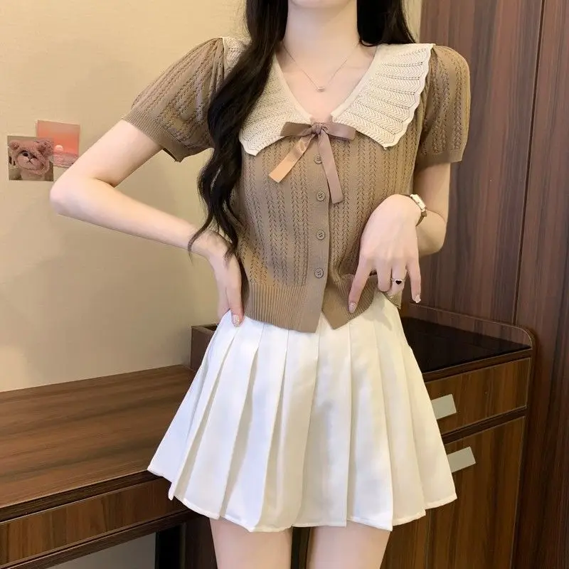 

Sweet Versatile Knot Color Blo Doll ort Вязаный кардиган Женский летний модный топ из полиэстера ort Sve
