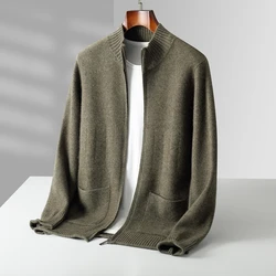 Autumn and winter new 100% merino wool men's stand-up cardigan casual solid color padded knit coat warm cashmere top.