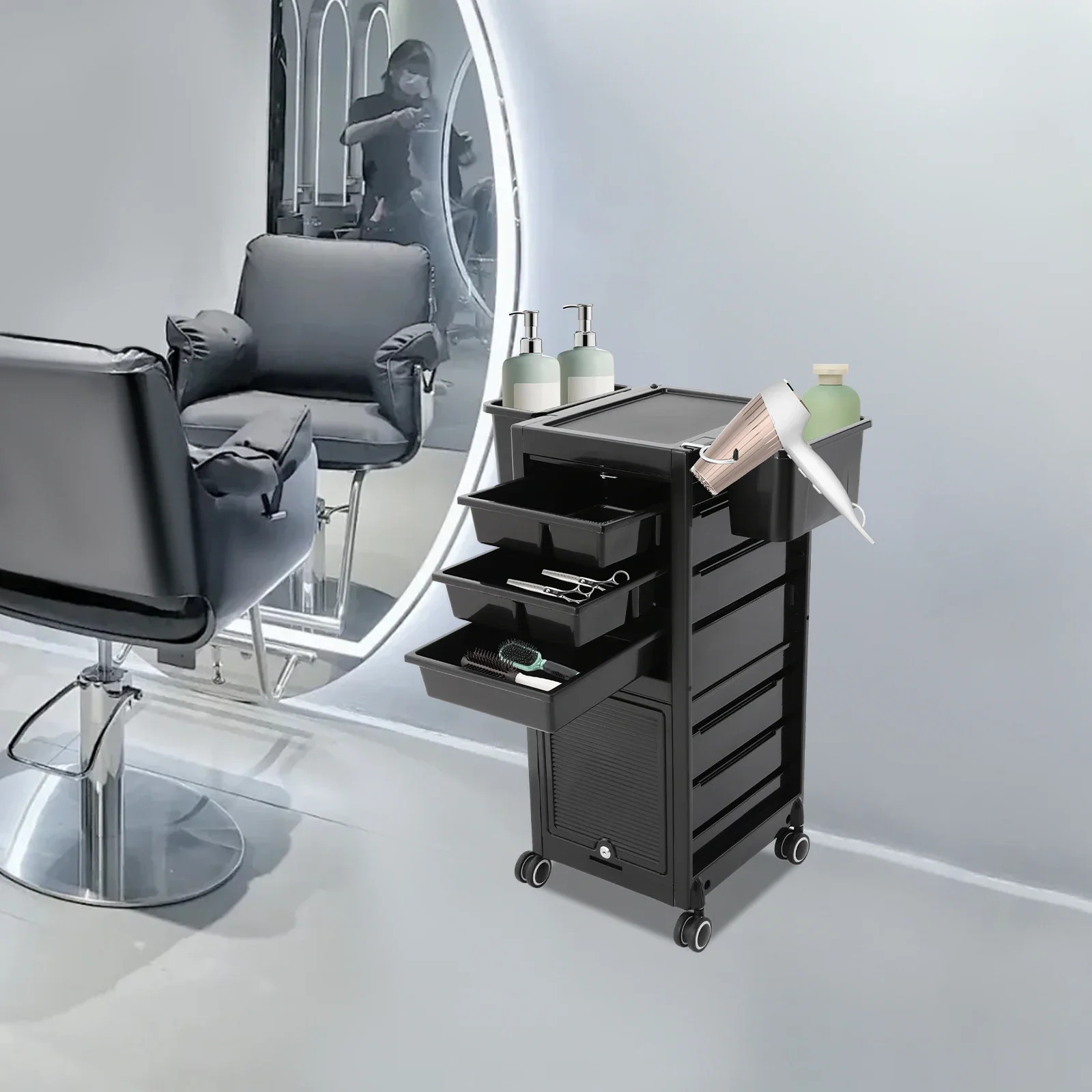 

For Rolling Salon Storage Cart Storage Cart with 6 Trays & 2 Storage Baskets