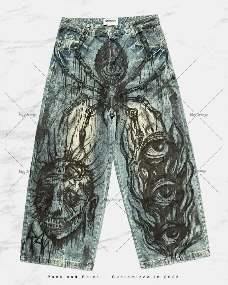 

Moroder Gothic Punk Dark Cartoon Print Loose Straight Wide-leg Pants Men Y2K Hip-hop Harajuku Street Trend Oversized Washing Jea