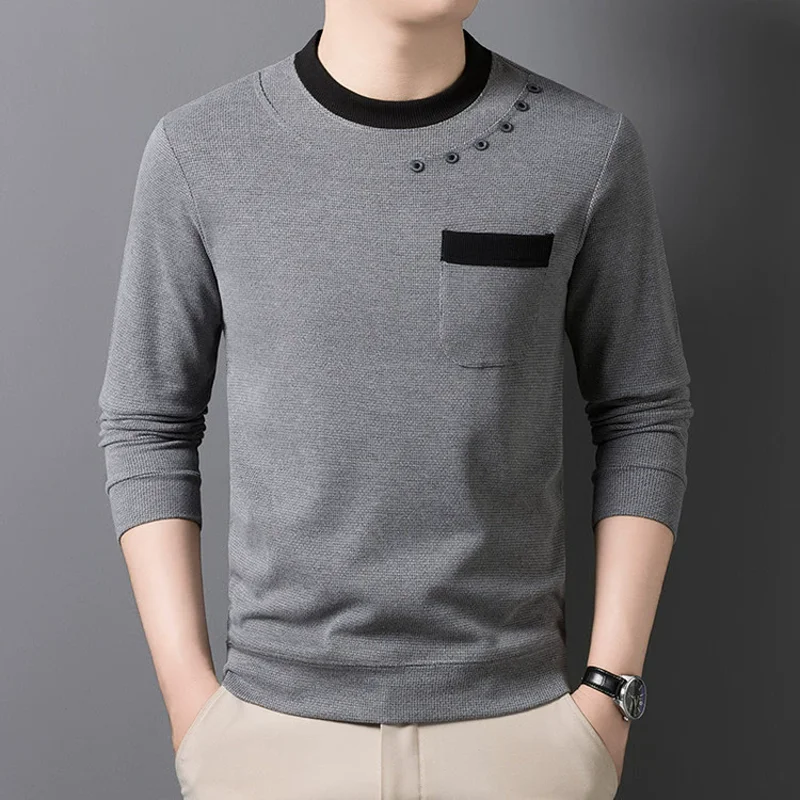 

2025 Spring Autumn New Men's Sweater Fashion Patchwork O-Neck Knit Pullovers Man Smart Casual Warm Knitted Sweater Pocket Tops