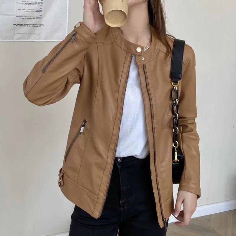 Women Leather Jackets High-end Short Motorcycle Jacket Spring Autumn New Slim Versatile Korean Leather Coat Top Casual Outerwear