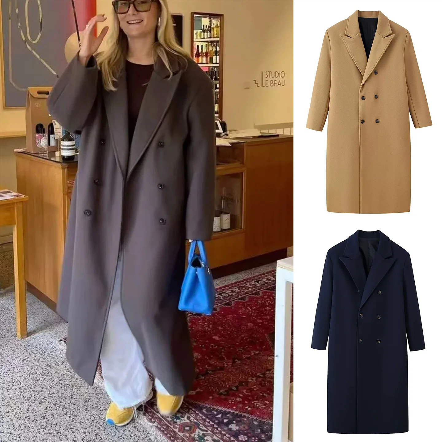 

Winter New Women's Briti Sle Loose Lapel Long Sve Double Button Mid-Length Woolen Coat Outerwear Polyester Fiber 00%