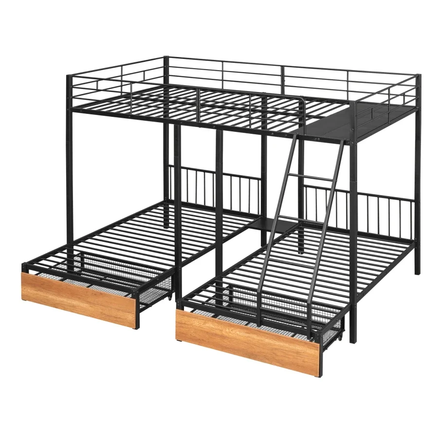 Full Over Twin & Twin Bunk Bed, Metal Triple Bunk Bed with Drawers and Guardrails