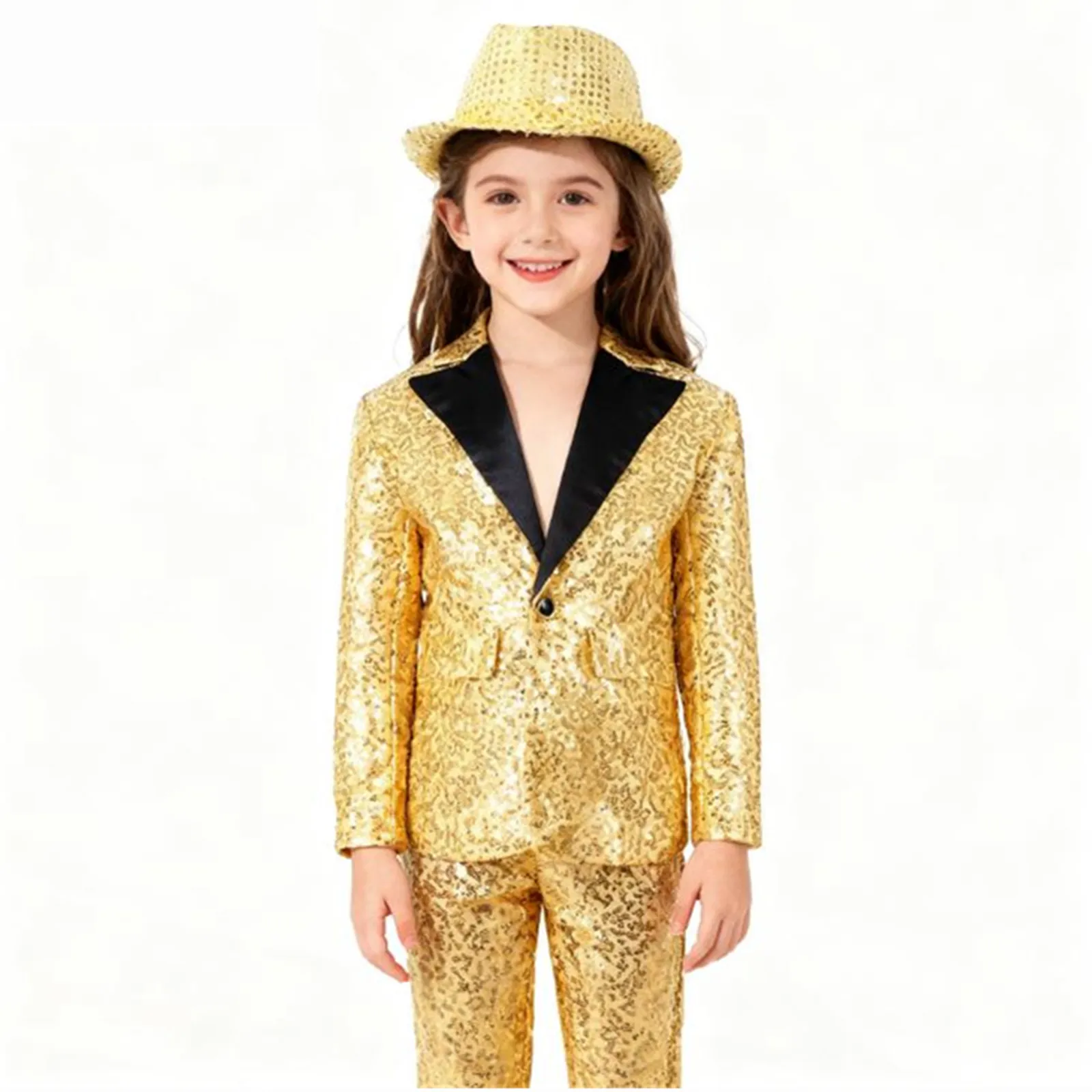 어린이 소년 재즈 댄스 공연 코스튬 샤이니 스팽글 턱시도 세트 긴팔 라펠 싱글 브레스트 재킷 코트, 페도라 모자 포함
