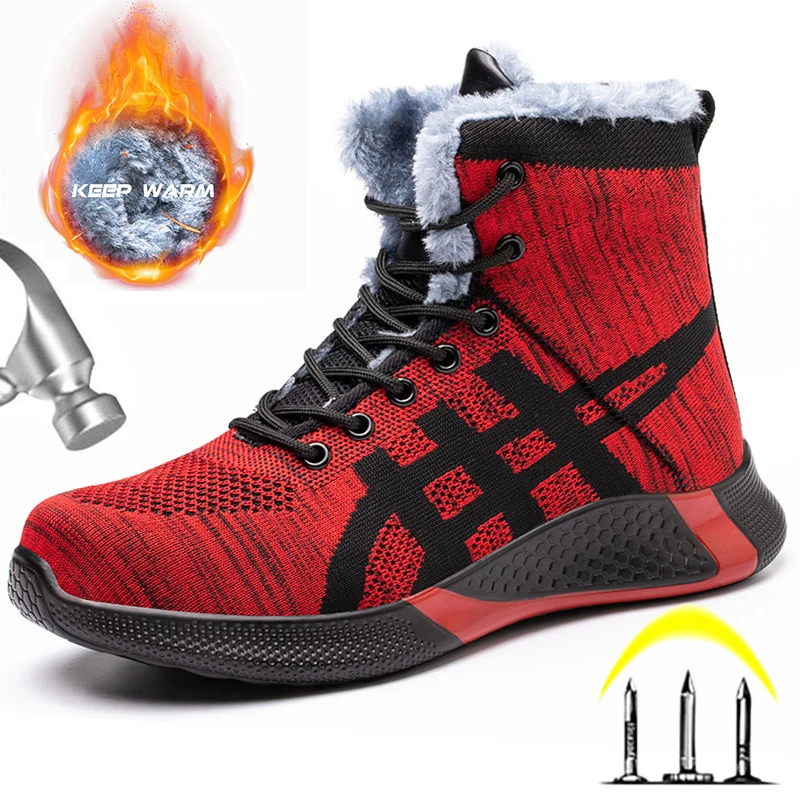 Safety Work Boots Men Winter Boots Indestructible Work Shoes Men Steel Toe Safety Shoes Anti-Smash Work Sneakers Warm Fur Boots