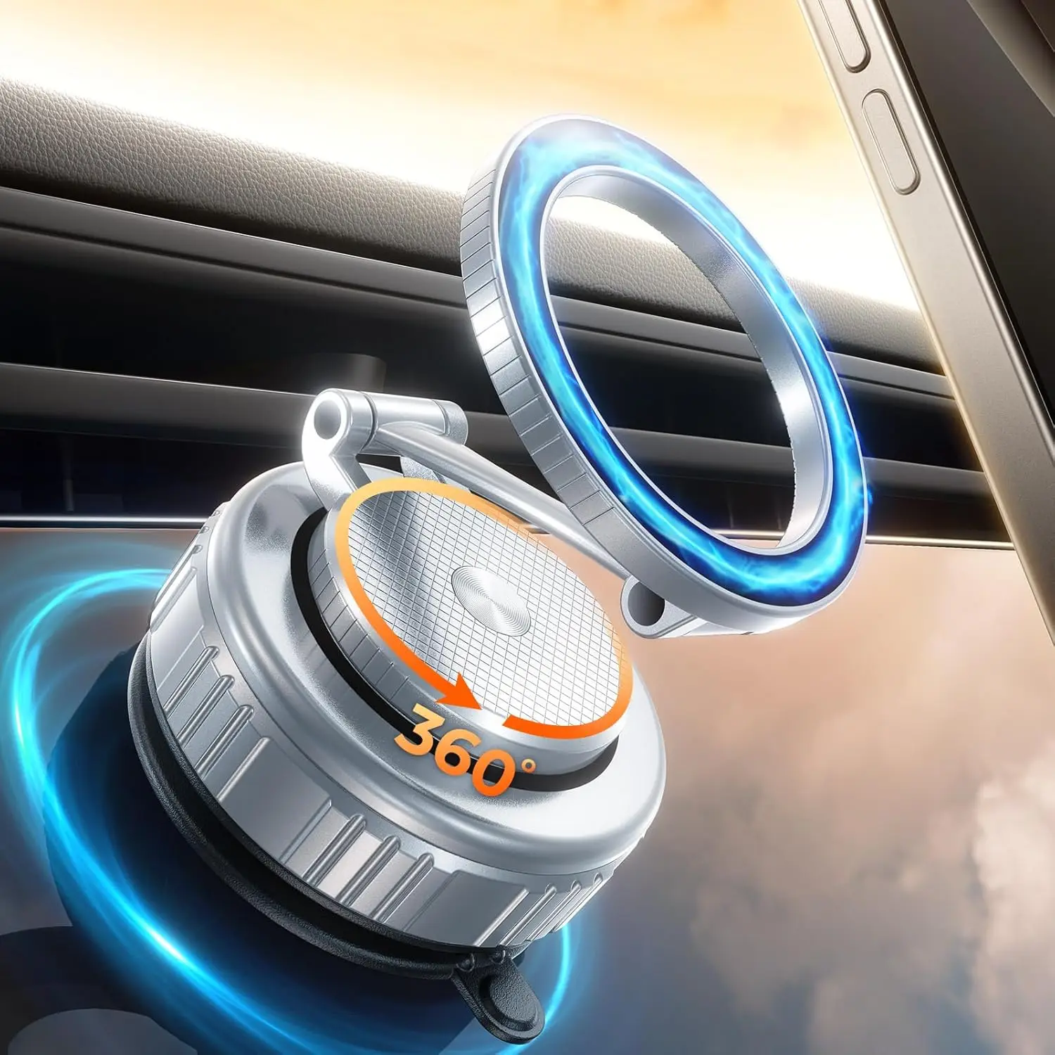 2026 Upgraded Vacuum Magnetic Car Phone Holder, Ultra-Strong Suction for iPhone 17-12, Silver