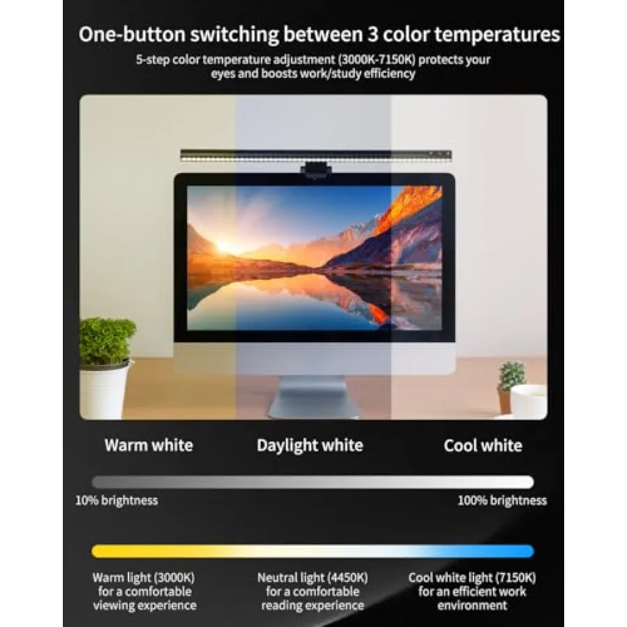 50CM Screen Clip Light with Double-Sided Adhesive Pad Aluminum Alloy Asymmetric Light Source Touch Control Dimmable Color Seden