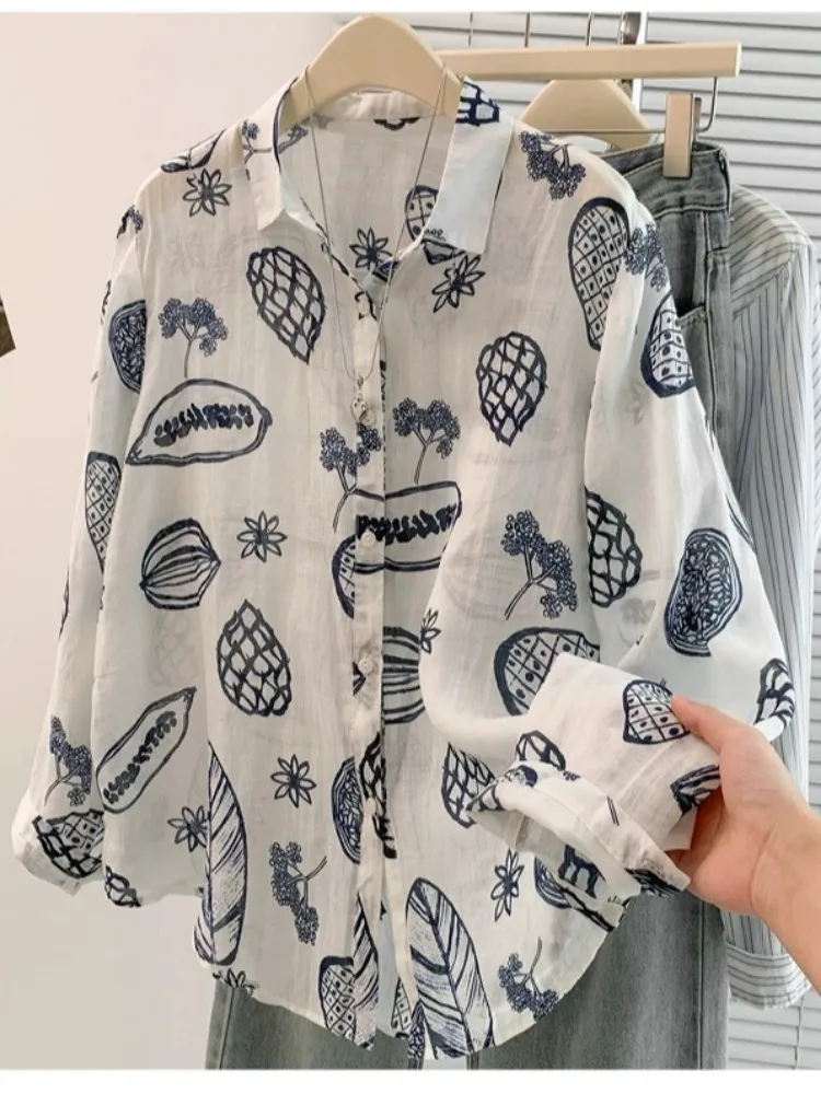 Korean Style Hand-Painted Blue White Cotton Linen Long Sleeve Shirt Women's Autumn Large Size Anti-Aging Shirt Daily Commute ...