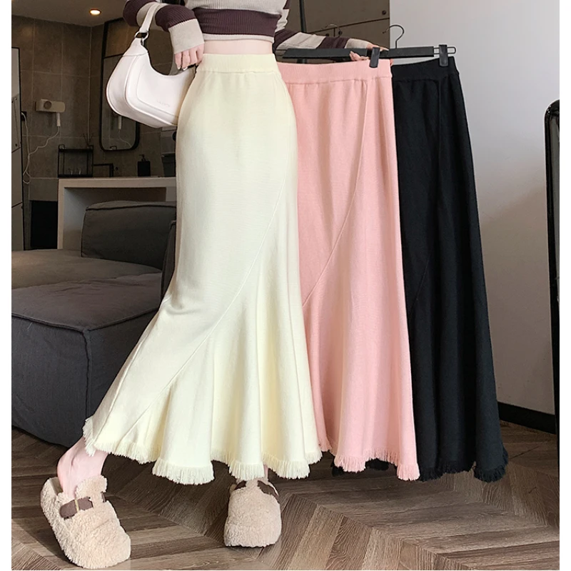 

Sexy Tassel Knitted Midi-length Skirt Women Autumn Winter High Waist Skinny Mermaid Skirt Elegant A-line Wrapping Bodycon Skirt