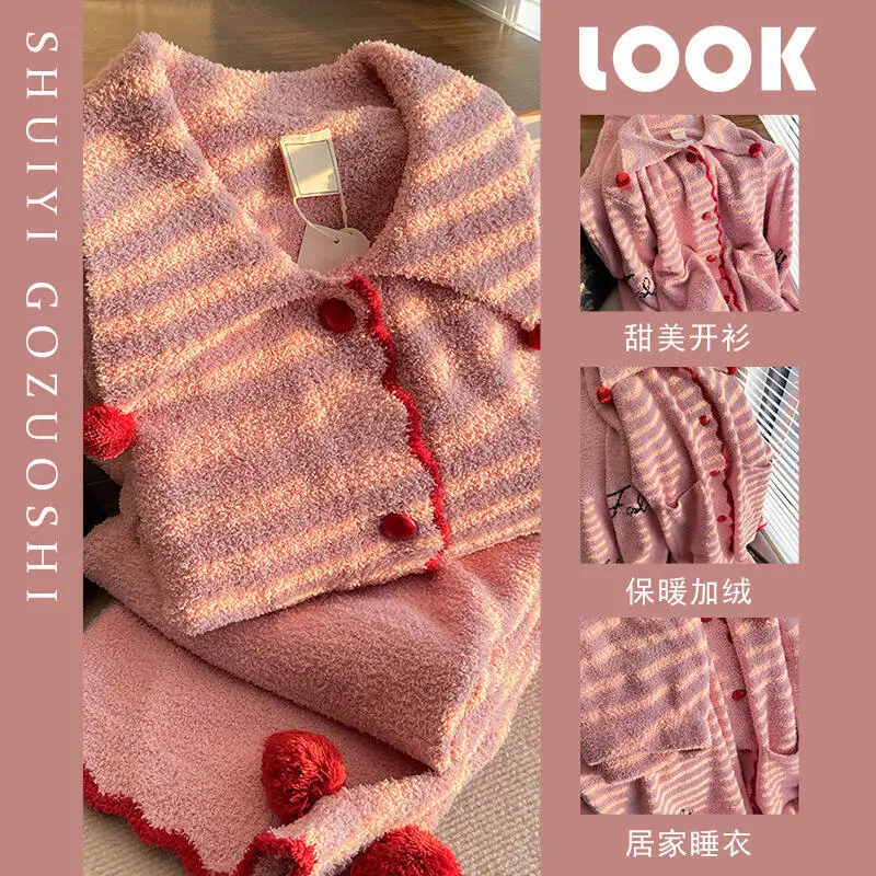 

Korean Version Thickened Female Pajamas Homewear Spring Autumn Winter Women's Plush Coral Fleece Letter Printing Warm Sleepcoat