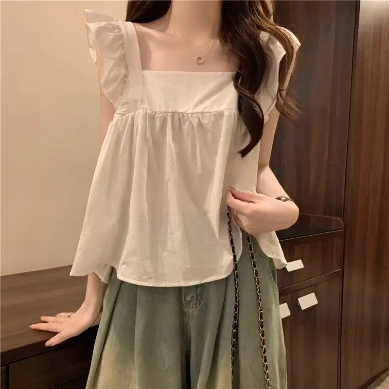 Femme Estate Tendenza moda coreana Fiocco Tinta unita Colletto quadrato Senza maniche Abbigliamento donna Alla moda Indossa volant sottili Canotta T