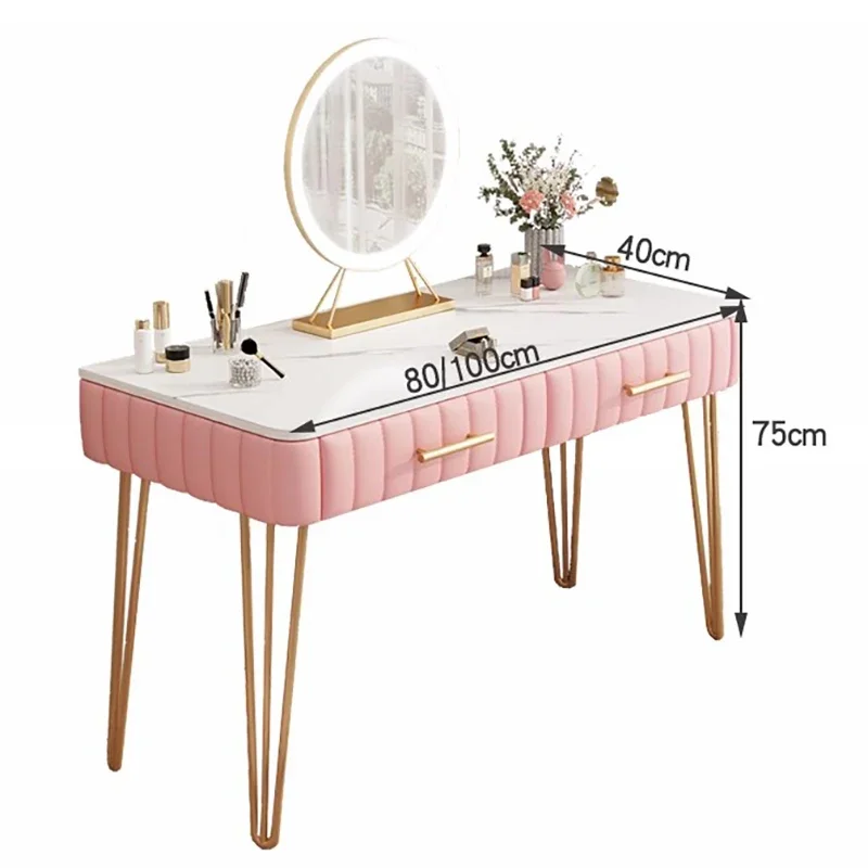 Modern Pink Vanity Table Round Mirror Stylish Makeup Vanity Table Comfy Chair Comodas Con Cajones Dormitorio Home Furniture