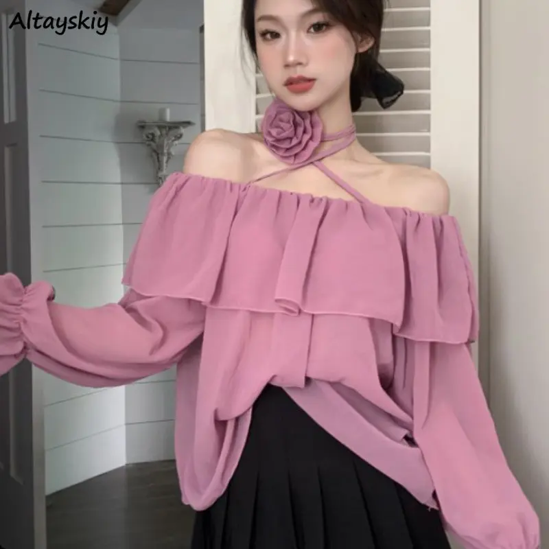 Blouses Women Elegant Loose Slash Neck Spring Korean Style Ruffles Casual Temperament Solid Flower Design Ladies All-match Chic