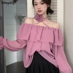 Blouses Women Elegant Loose Slash Neck Spring Korean Style Ruffles Casual Temperament Solid Flower Design Ladies All-match Chic