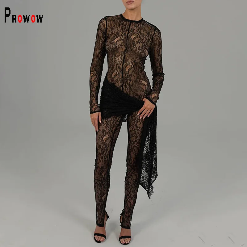 

Prowow Sexy Lace Women Jumpsuits See Through Party Club Wear Long Sleeve Zipper Female Clothing Skinny Slim Fit One-piece Romper