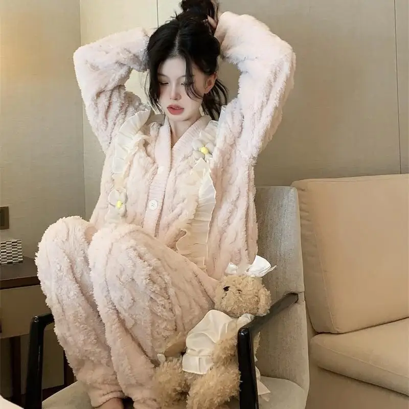 

Coral Fleece Sleepwear Women's Winter Thick Cardigan Ins Style Autumn and Winter Girls Can Wear Home Clothes and Warm Suit Set