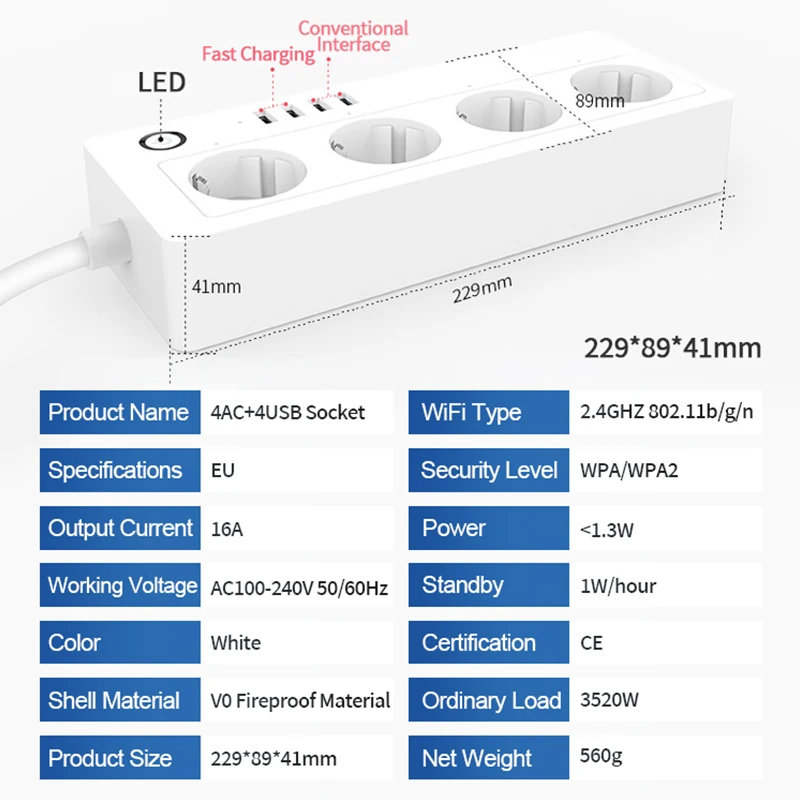 Tuya Smart Smartlife enchufe inteligente WiFi regleta de alimentación enchufe múltiple con 4 enchufes 4 puertos USB Compatible con Alexa Google Home Smart Home