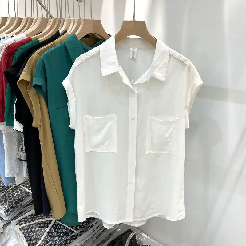 Pocket Comfortable Women Lapel Collar Summer Short Sleeved Shirt Thin Style French Casual Loose Falling Shoulder Sleeves Tops