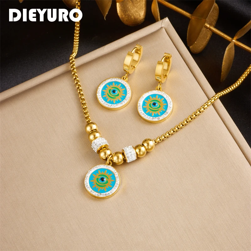 

DIEYURO 316L Stainless Steel Round Blue Eye Necklace Earrings For Women Girl New Fashion Non-fading Jewelry Set Party Gift