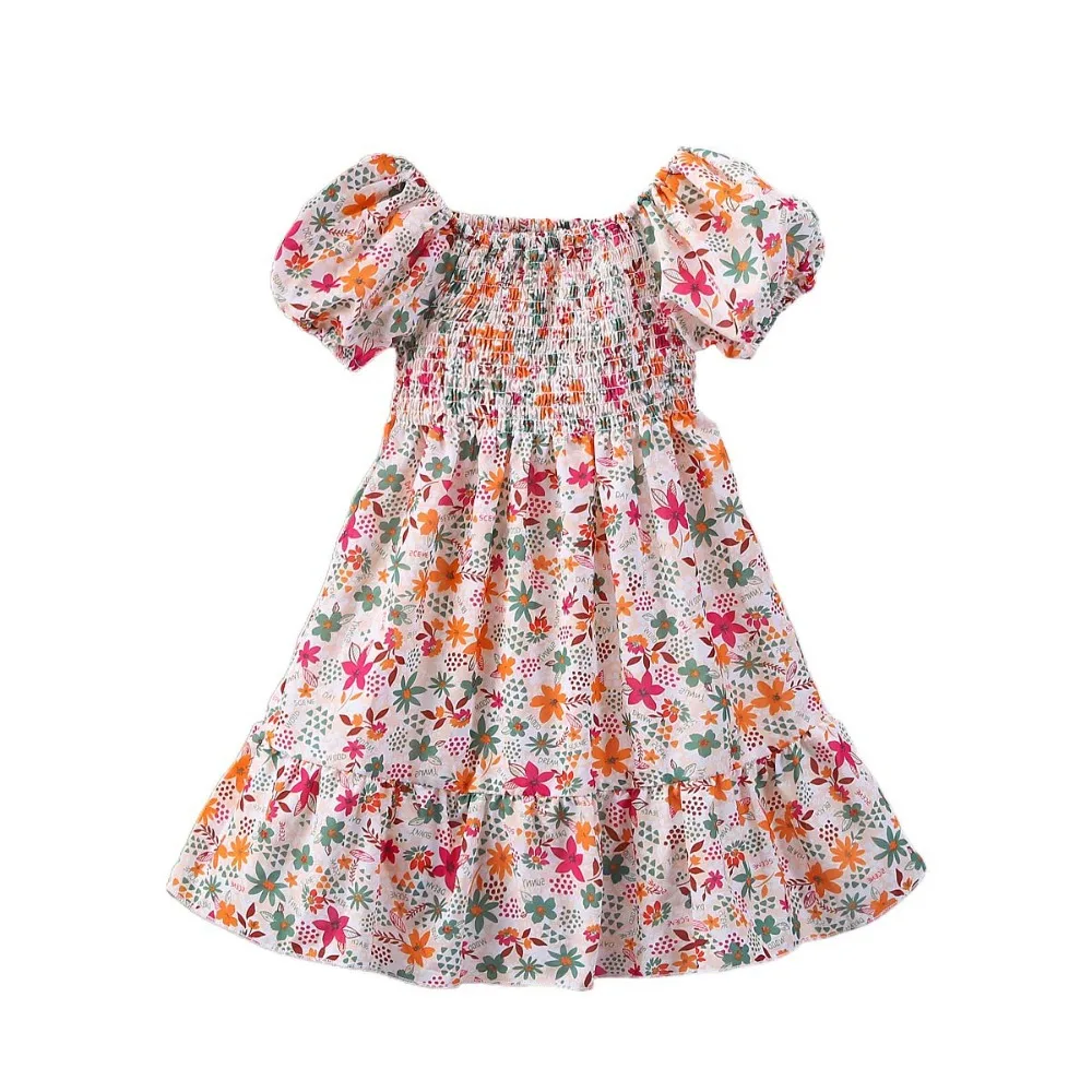 

Sweet Puff Sleeve Girls Floral Dress Flower Square Neck Summer Kids Dresses Pleated Loose Children Princess Dress Beach Vacation
