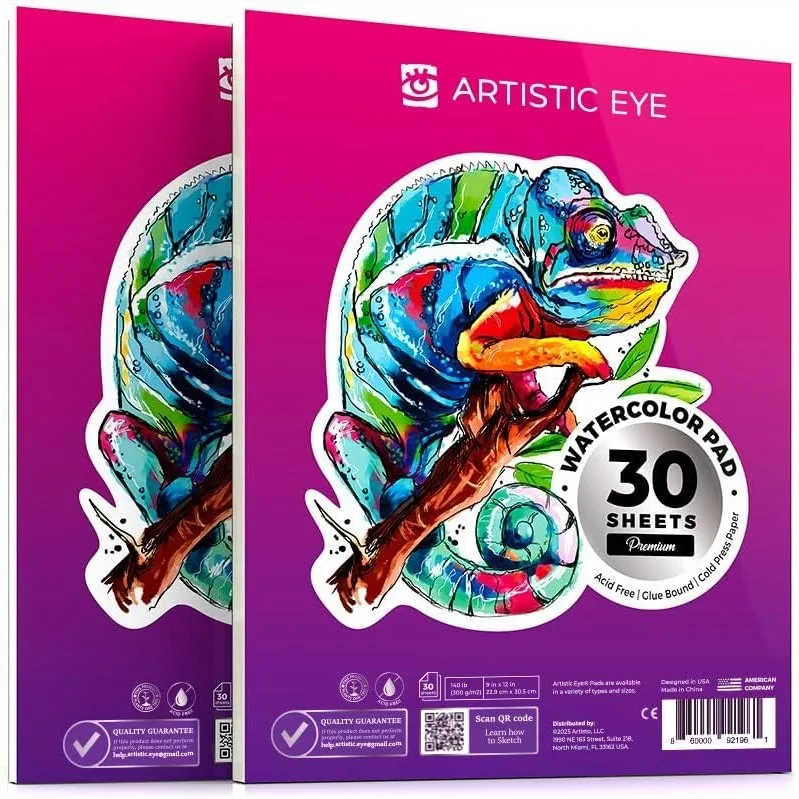 

Watercolor Pad 9x12 inch, 30 Sheets, 140lb/300gsm, Acid-Free Paper, Glue Bound for Easy Removal, Ideal for Wet and Dry Media