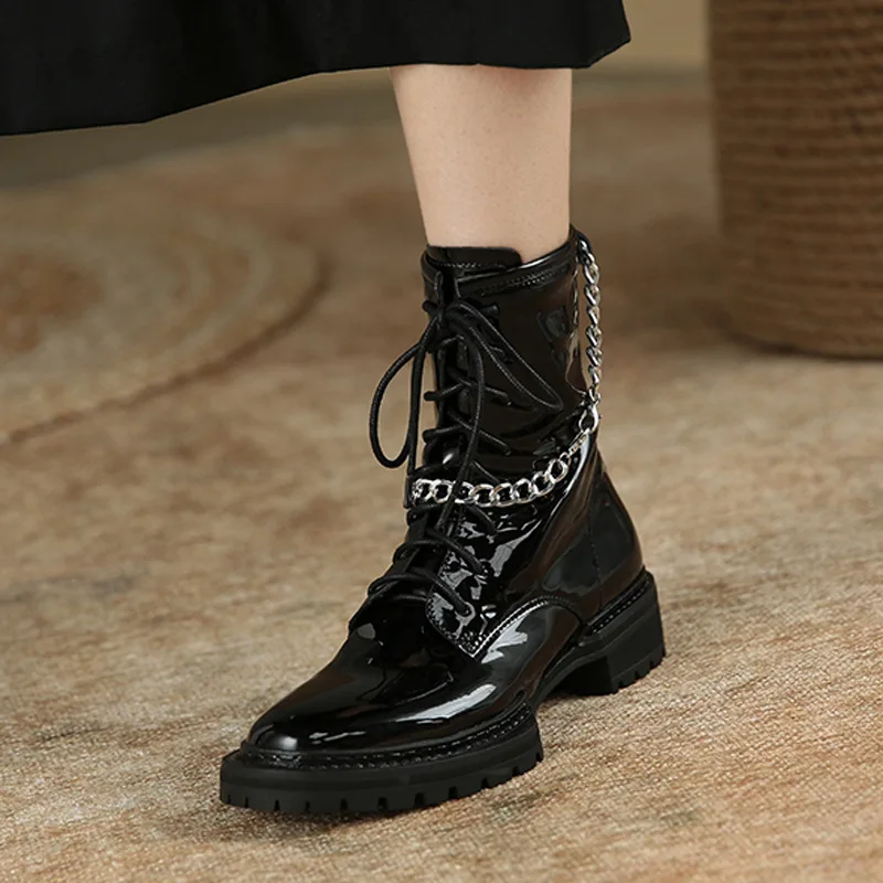 

Cross Lacing Metal Chain Short Boots Thick Heel Ankle Botas Femininas Square Toe Patent Leather Botines Women Shoes Zapato