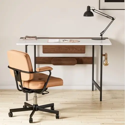 

Small Computer Desk with Drawers, 47 inch Home Office Desk with Hooks and Power Strip Design, MDF Game Desk for Study Home Offi