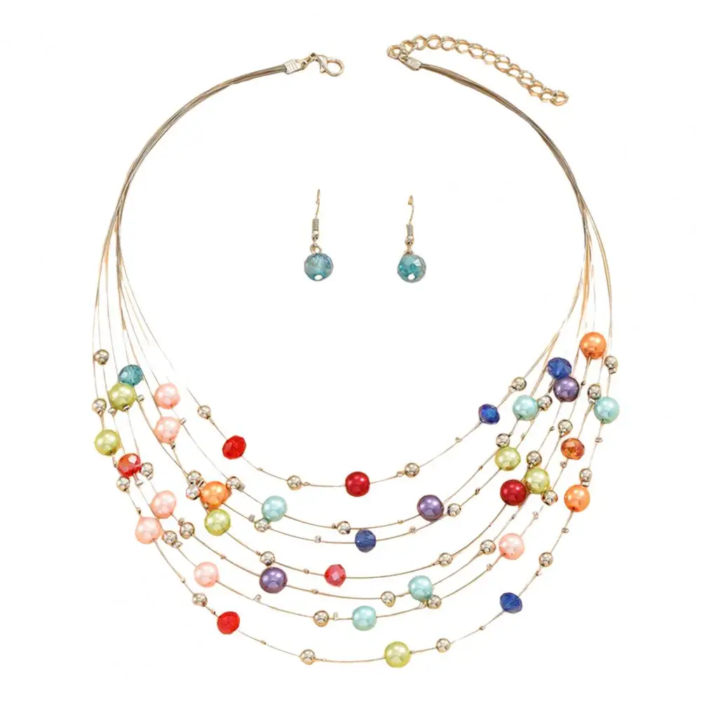 Alloy Necklace Set Colorful Multi-layered Faux Pearl Bohemian Jewelry Set with Adjustable Length Necklace Hook for Party