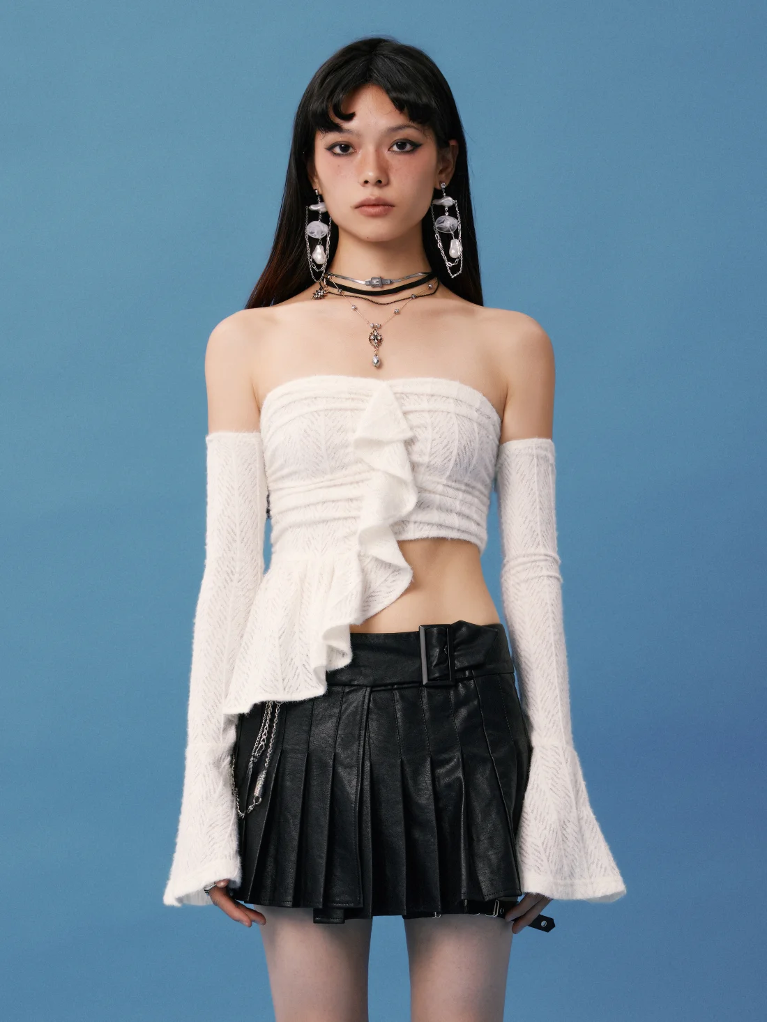Fuguen HuKim Detachable Knitted Crop Top with Pleated Lace Trim One oulder Sle Cotton Fabric Spicy Girl Summer Trend