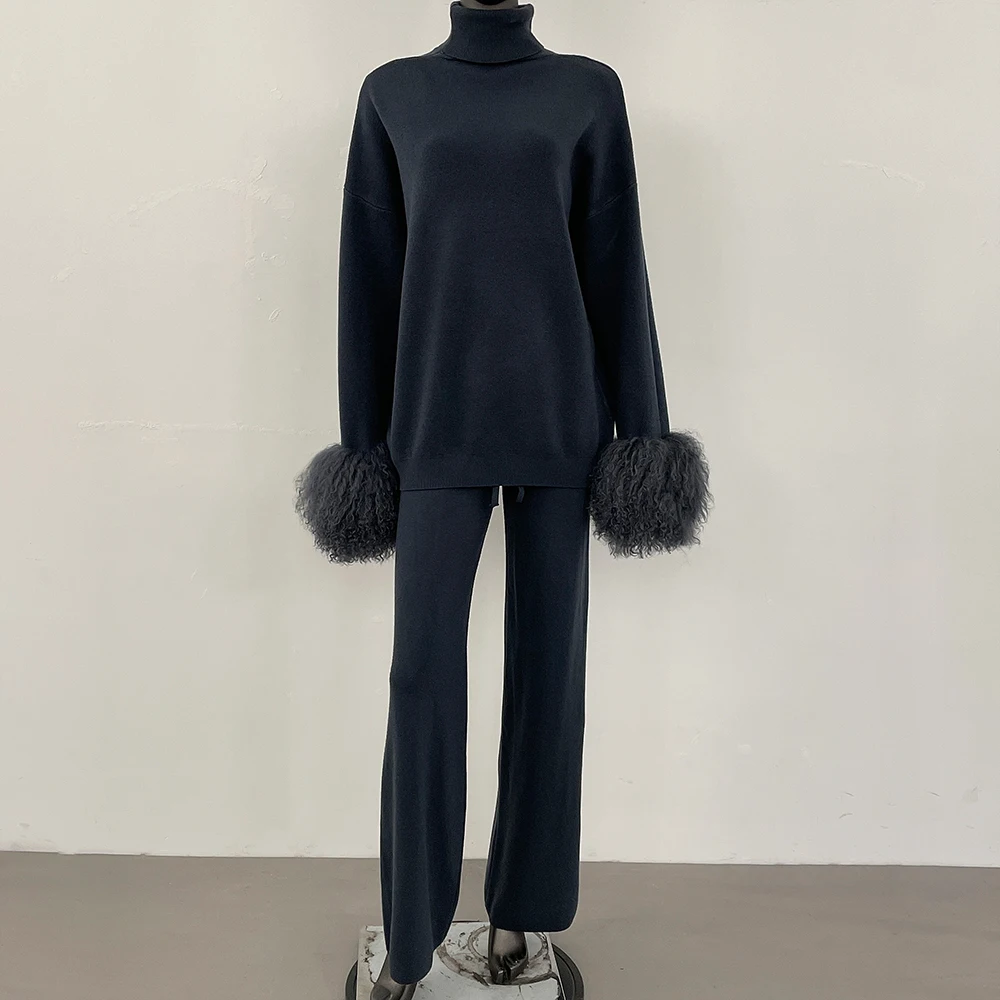 محبوك دعوى المرأة سترة مجموعة مع الأصفاد فرو الأغنام المنغولية الحقيقية عالية الجودة الصوف ومزيج بلوفر مغزول وسراويل 2025